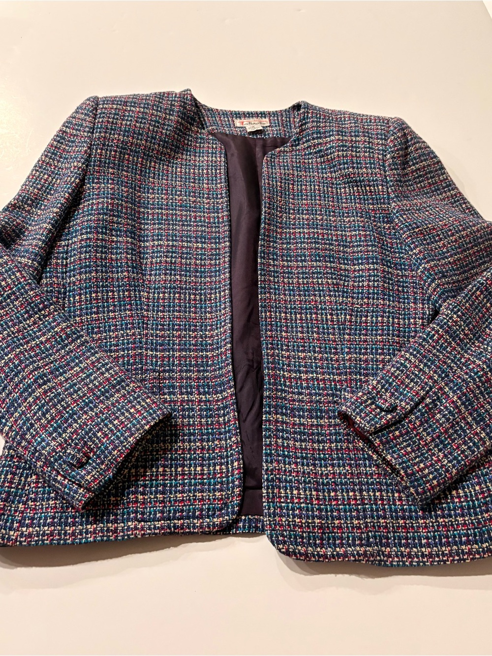Talbots Women's Navy Multi Tweed Collarless Jacket size 6 with navy lining